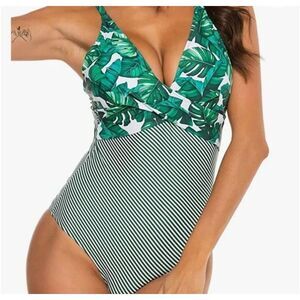 Cupshe Women's sz XL Green & White Tropical‎ Leaf Striped One Piece Swimsuit